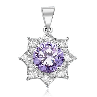 Pendant with 3.5 Cts. Round Lavender Essence in center surrounded by Princess Cut Diamond Essence and Melee. 6.5 Cts. T.W. set in 14K Solid White Gold.