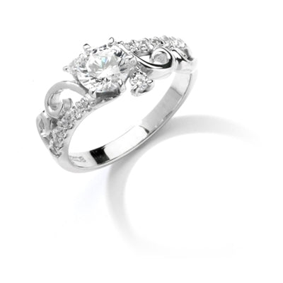 Prong Set Designer Ring with Artificial Round Brilliant Diamond and Melee by Diamond Essence set in 14K Solid White Gold