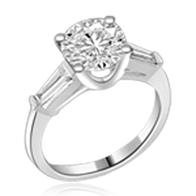 14K Solid Gold Diamond Essence engagement ring. 2.0 ct. round brilliant stones and a delicate baguette on each side. 2.50 cts.t.w. Perfect for the occasion.