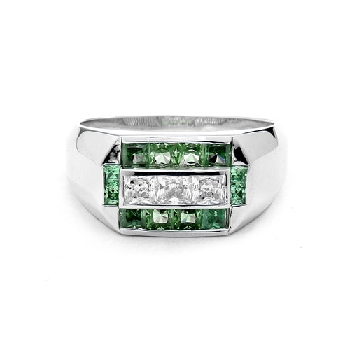 Man's Ring with 0.75 cts, Radiant Square Diamond Essence Center Stones surrounded by 1.0 cts. Princess Cut Emerald Essence, channel set in 14k Solid White Gold.