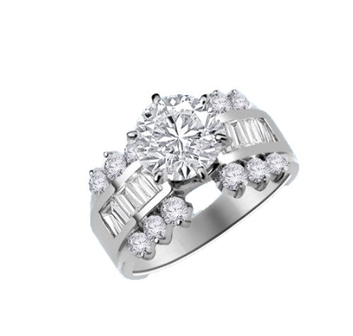 round stone ang baguettes white gold ring