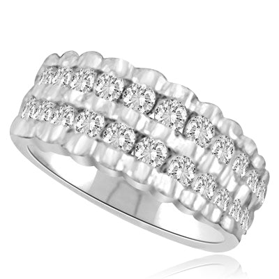 Channel Set Ribbed Ring with Simulated Round Brilliant Diamonds by Diamond Essence set in 14K Solid White Gold