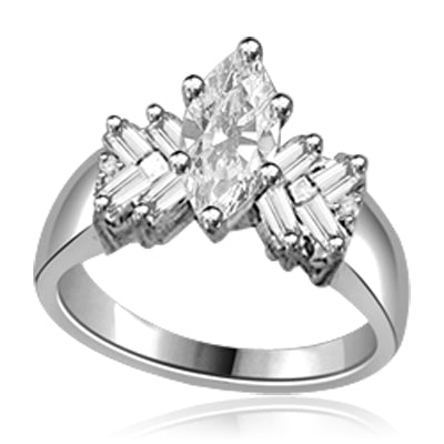 Glowing Ring with 1 Ct. Marquise Center and Baguette accents, 2 Cts. T.W, in 14K White Gold.