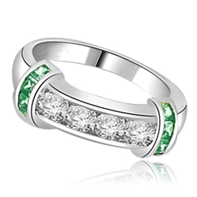Brilliant channel-set Diamond Essence diamonds with a bar of Princess cut  Emerald  Essence on either side. 1.35 cts. T.W. set in 14K Solid White Gold.