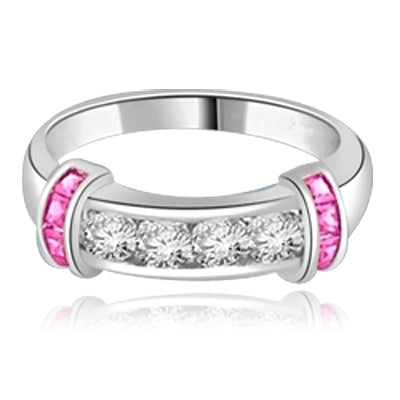 Brilliant channel-set Diamond Essence diamonds with a bar of Princess cut Ruby Essence on either side. 1.35 cts. T.W.  set in 14K Solid White Gold.