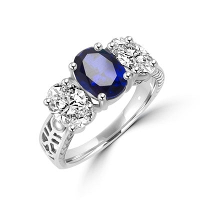 Ovalinas - Three Stone Oval Ring with 2 Ct. Oval Masterpiece on an Ethnic Band and 1.5 Ct.Oval Essence on each side, 5 ct t.w. in 14K White Gold. Center Stone changeable to Many Options.