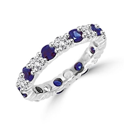 Beautiful eternity band of Sapphire Essence and round brilliant Diamond Essence stones, 2.0 cts.t.w. in 14K Solid White Gold.