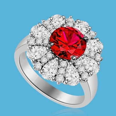 Diamond and Ruby Ring - Outstanding Ring with 2.0 cts. Round Ruby Essence in Center surrounded by Pear cut Diamond Essence and Melee. 5.5 Cts. T.W. set in 14K Solid White Gold
