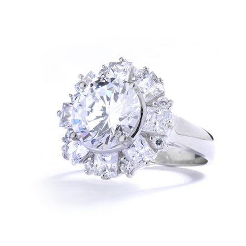 Diamond Essence Designer Ring With Round Brilliant Diamond Essence in center surrounded by alternately set Princess  and melee. 7.25 Cts. T.W. set in 14K Solid White Gold.
