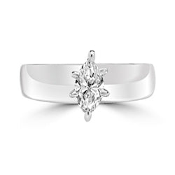 Wide Band Solitaire Ring with 0.75 ct.t.w. of Diamond Essence Marquise cut stone, set in six prongs setting, 14K Solid White Gold.